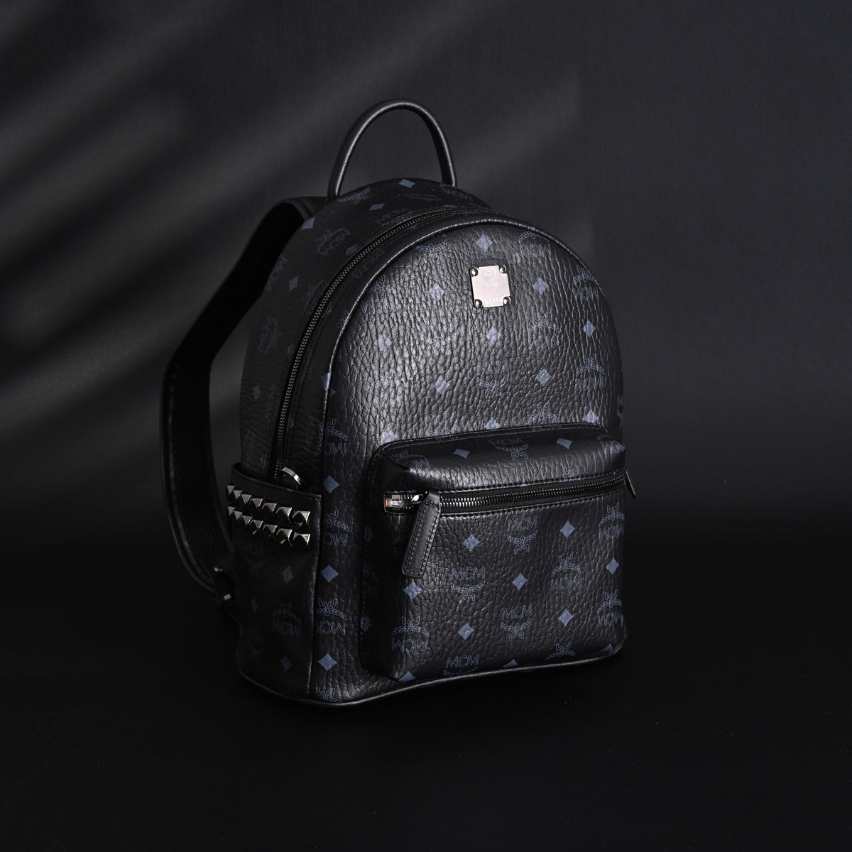 Mcm Stark Visetos Medium Backpack – Black Monogram with Studded Detailing - Black Monogram Print