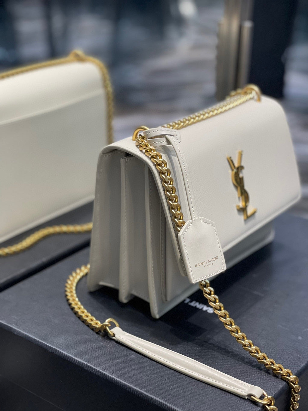 YSL Medium Sunset Bag 22 White Lambskin Gold Tone