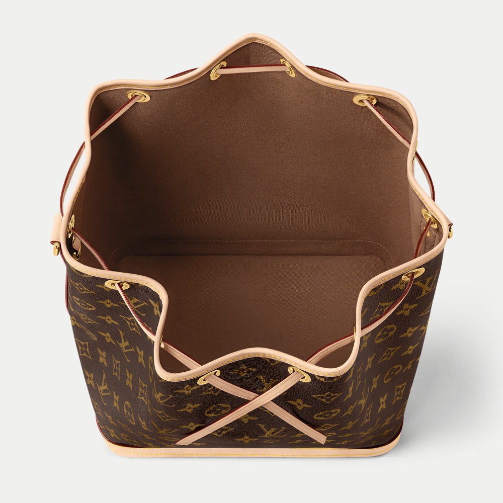LV Noé Monogram Canvas Bucket Shoulder Bag with Leather Trim and Drawstring Closure - Brown