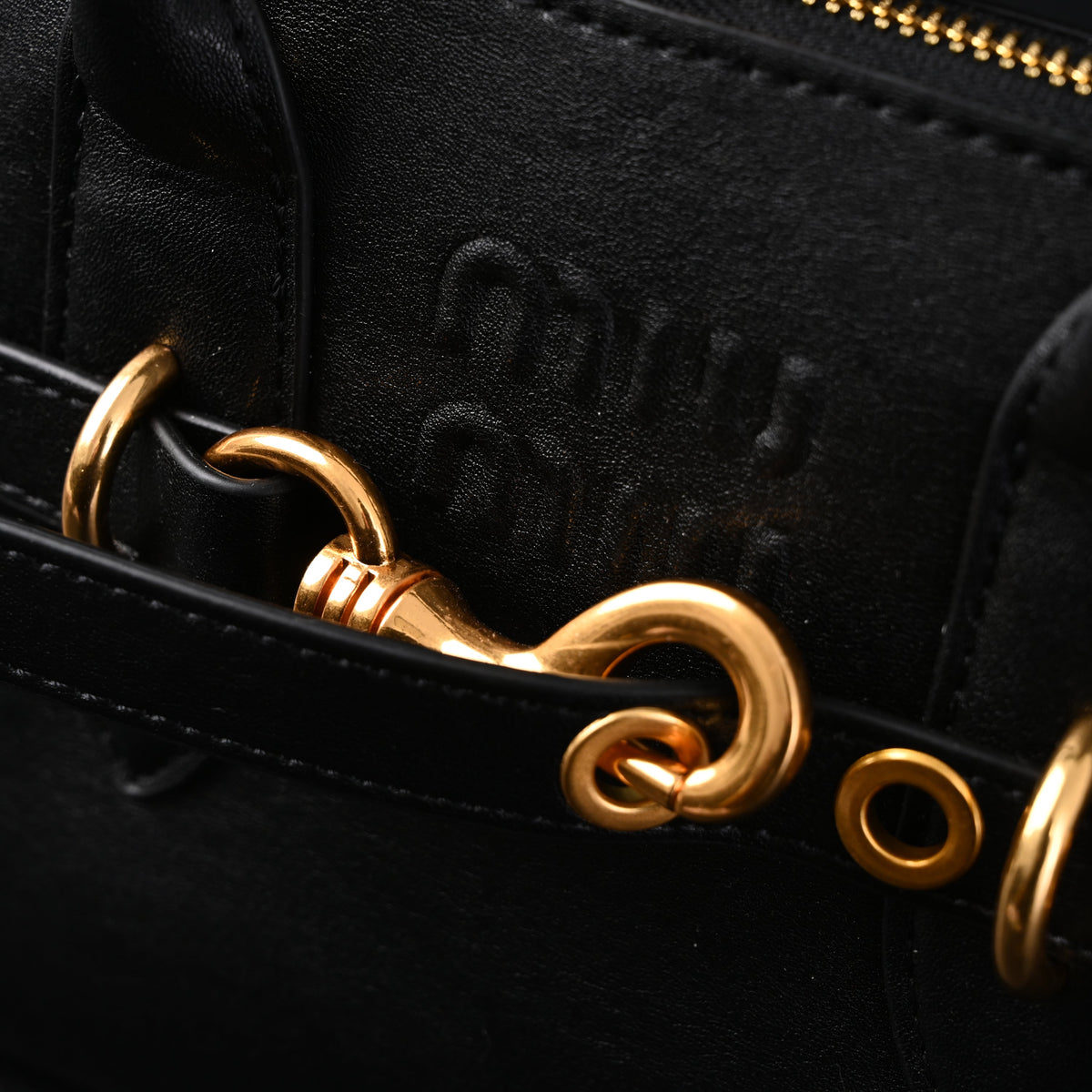 Miu Miu Black Leather Satchel Bag – Medium Structured Tote - Black with Gold-Tone Accents