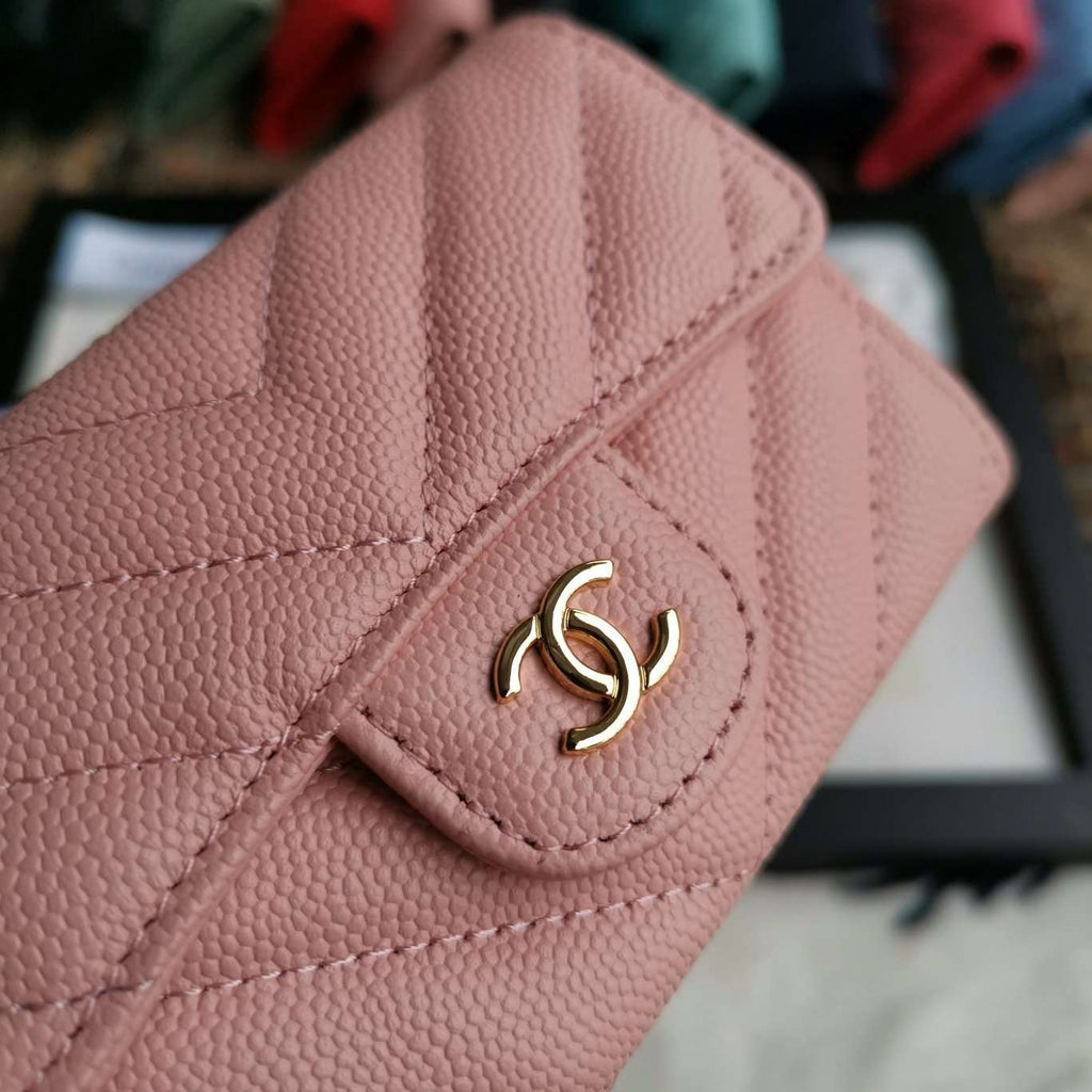 Chanel Caviar Chevron Quilted Compact Flap Wallet Pink - Matte Pink