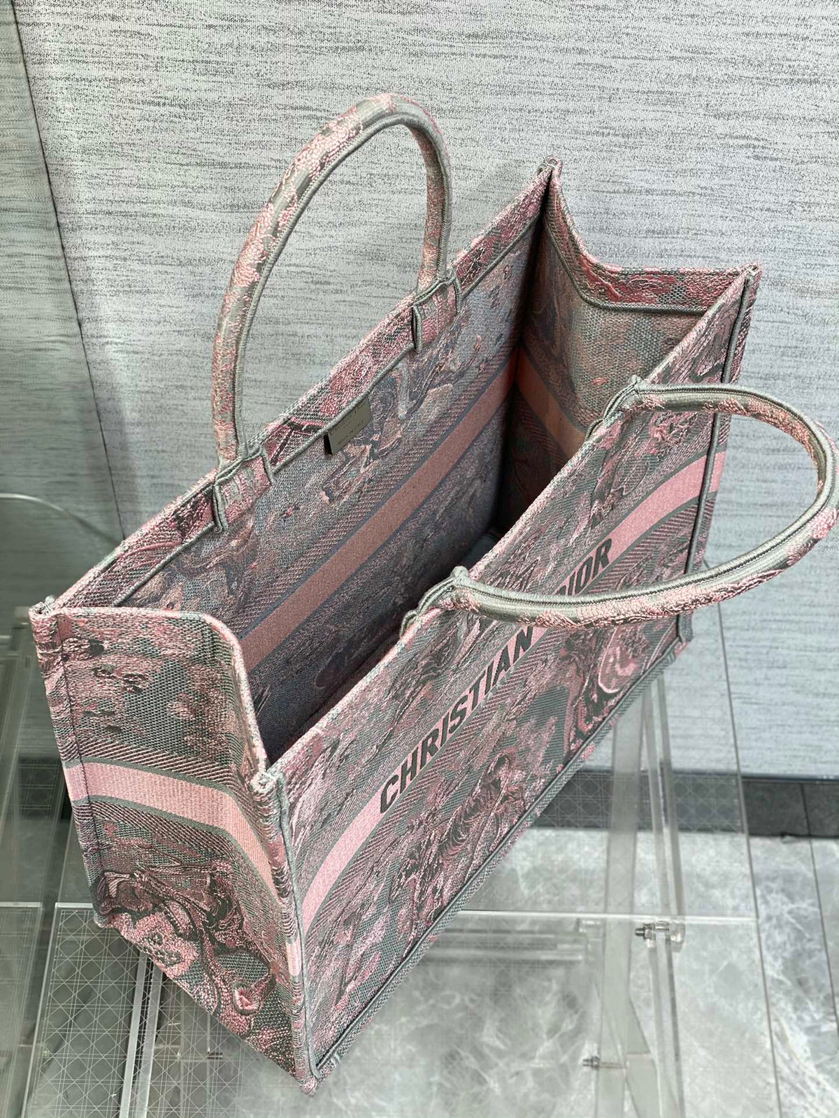 Dior Book Tote Large Gray and Pink Toile De Jouy Reverse Beverly Hills Embroidery