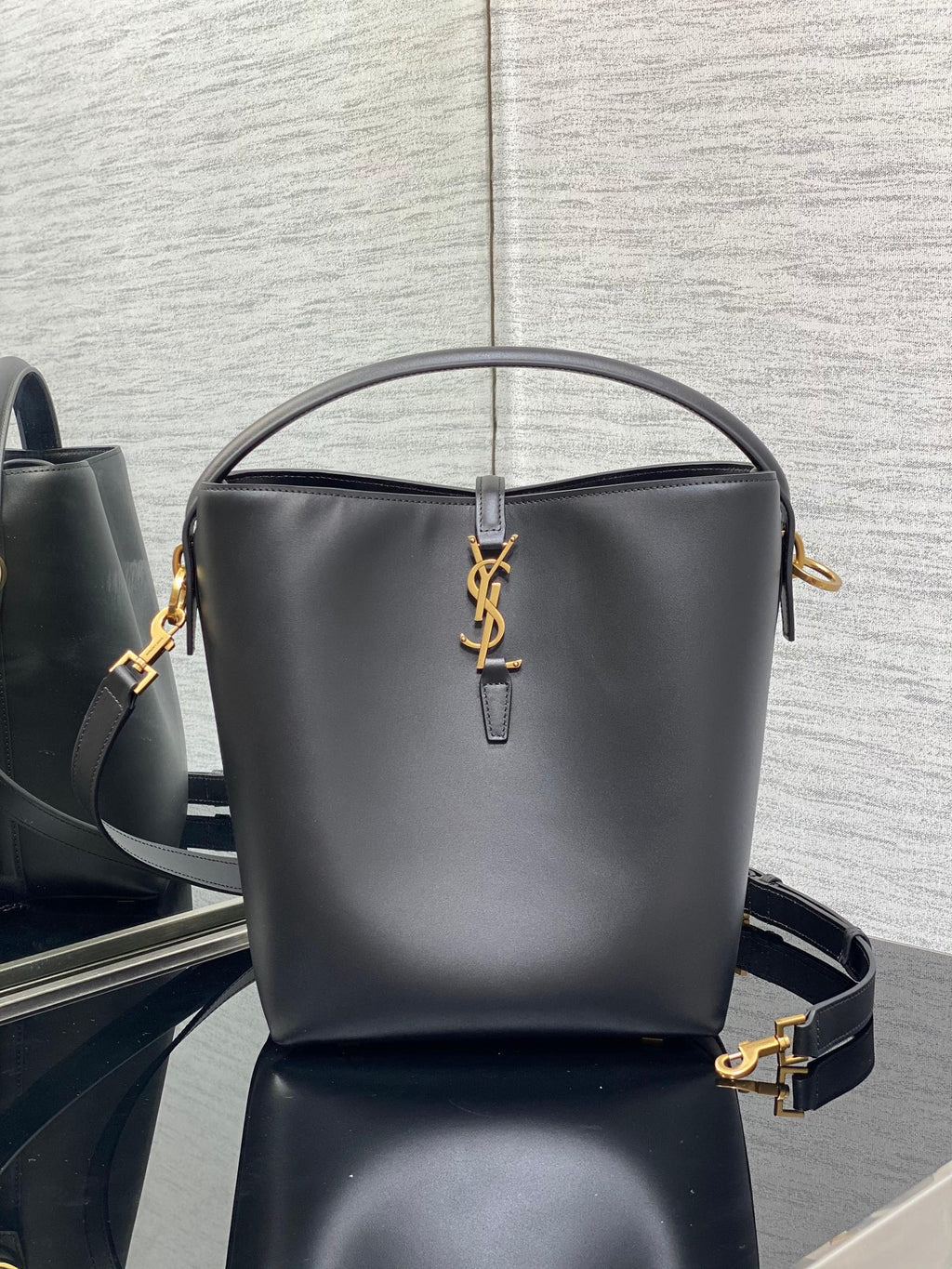 YSL Le 37 Black Shiny Leather Handle Shoulder Bag with YSL Charm and Adjustable Strap