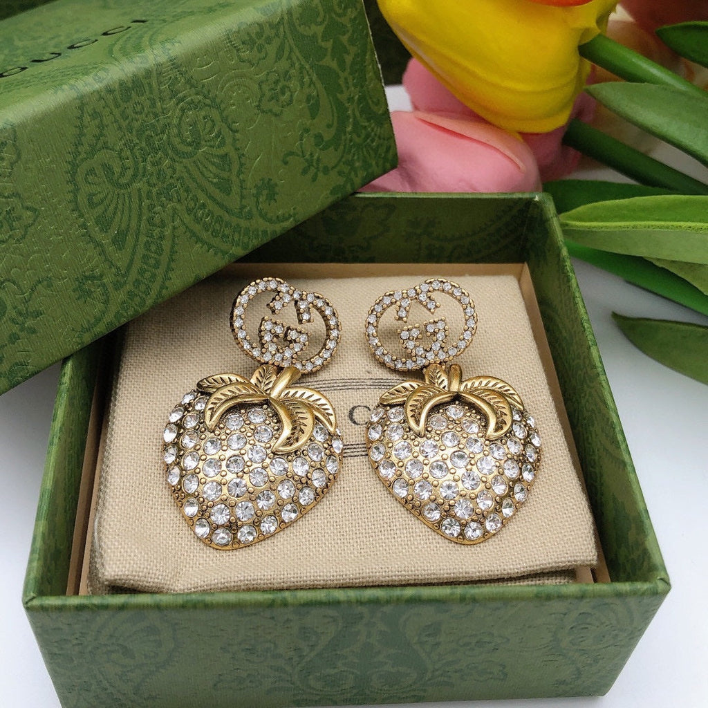 18K Double Gucci Crystal Strawberry Pendant Earrings