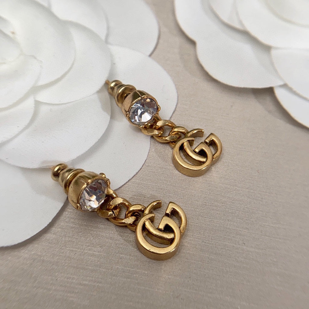 18K Double Gucci Crystal Chain Earrings